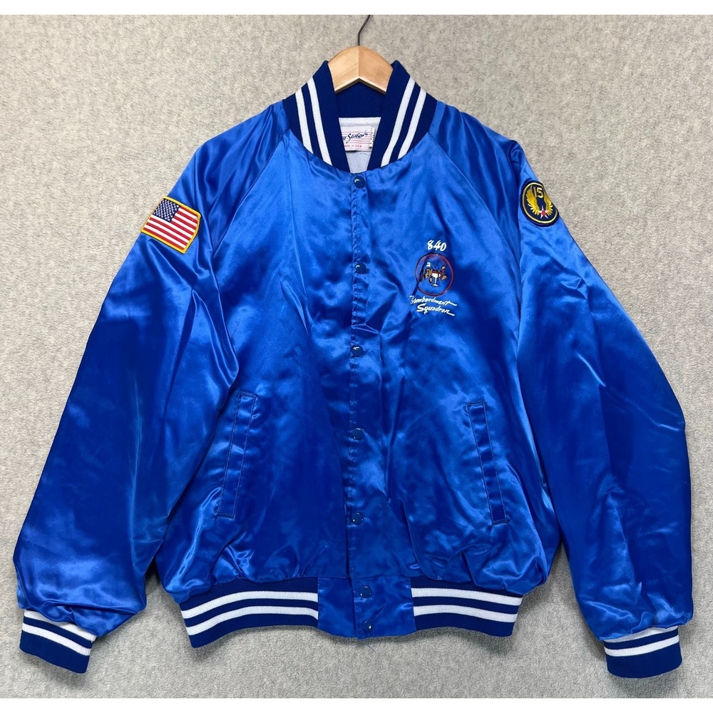 VTG‎ Four Seasons Mens Bomber Jacket Royal Blue Embroidered Patches USA Made XL